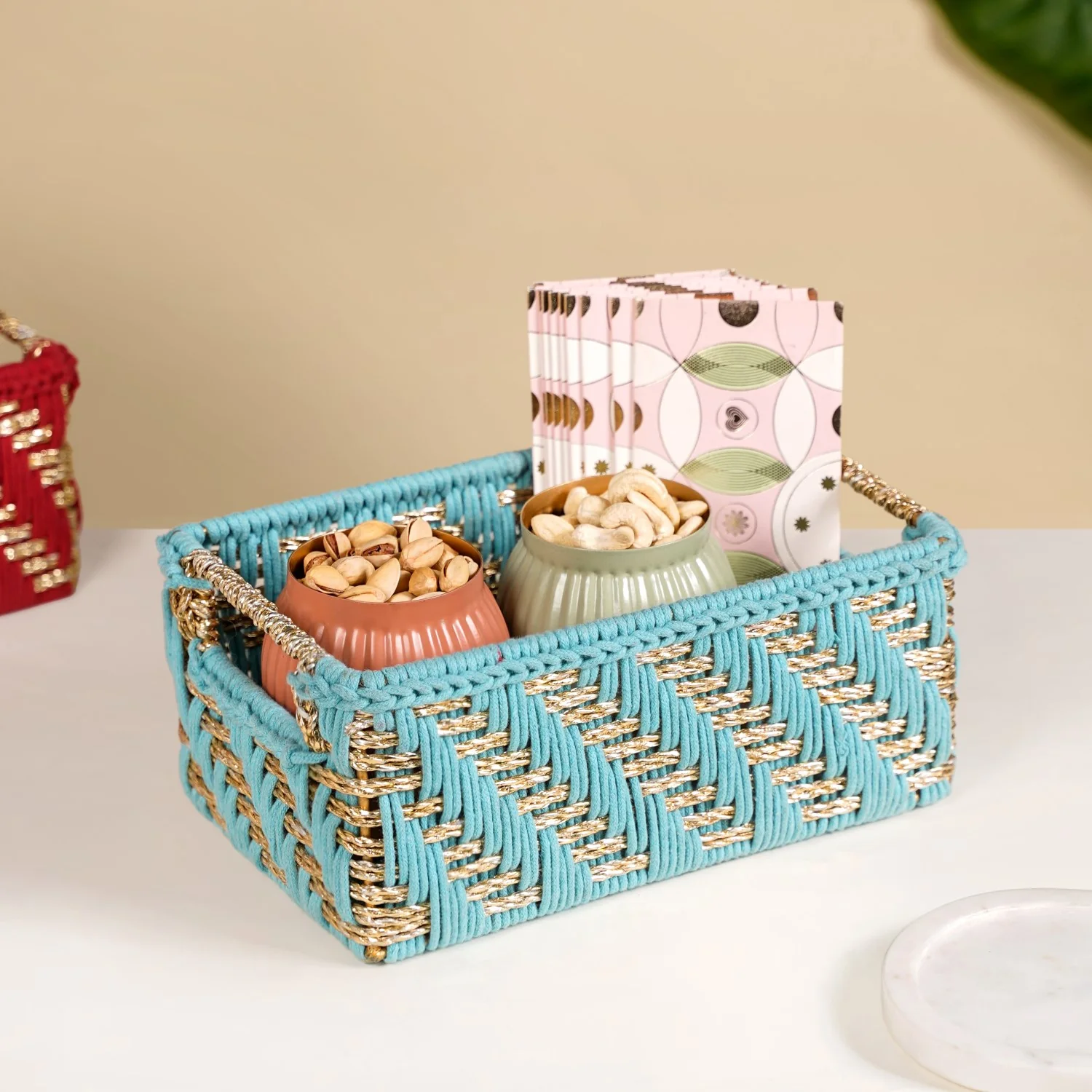 Handwoven Gift Basket With Handles Blue And Gold - Image 2