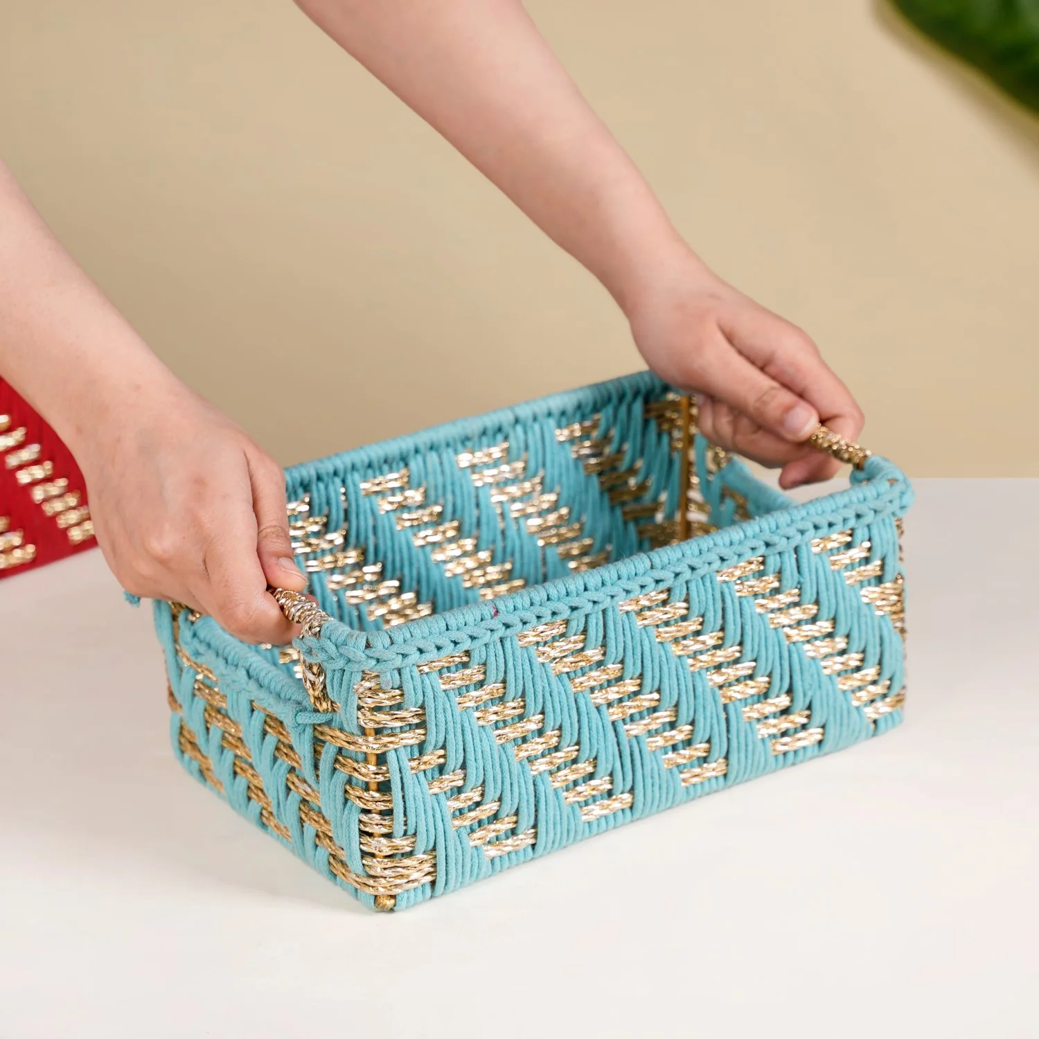Handwoven Gift Basket With Handles Blue And Gold - Image 3