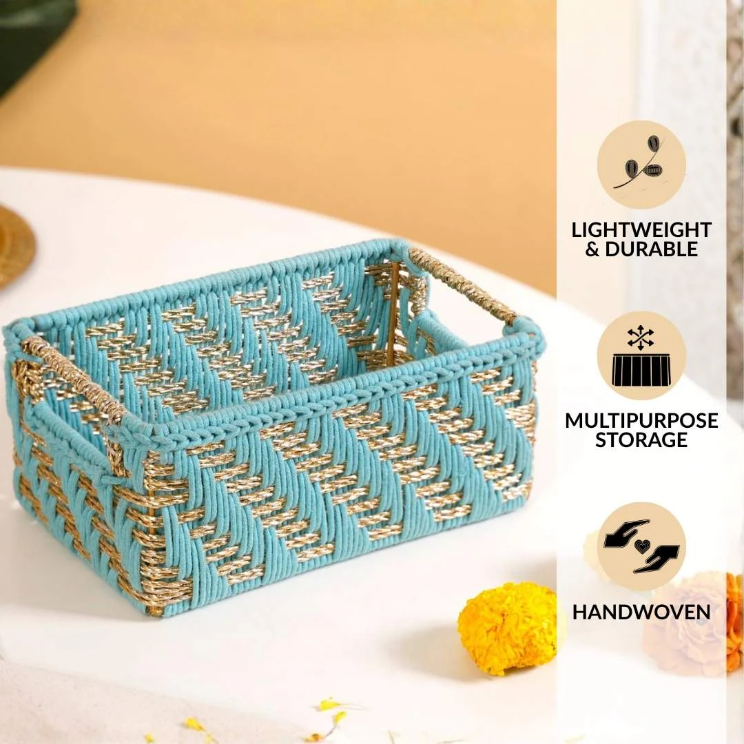 Handwoven Gift Basket With Handles Blue And Gold - Image 4