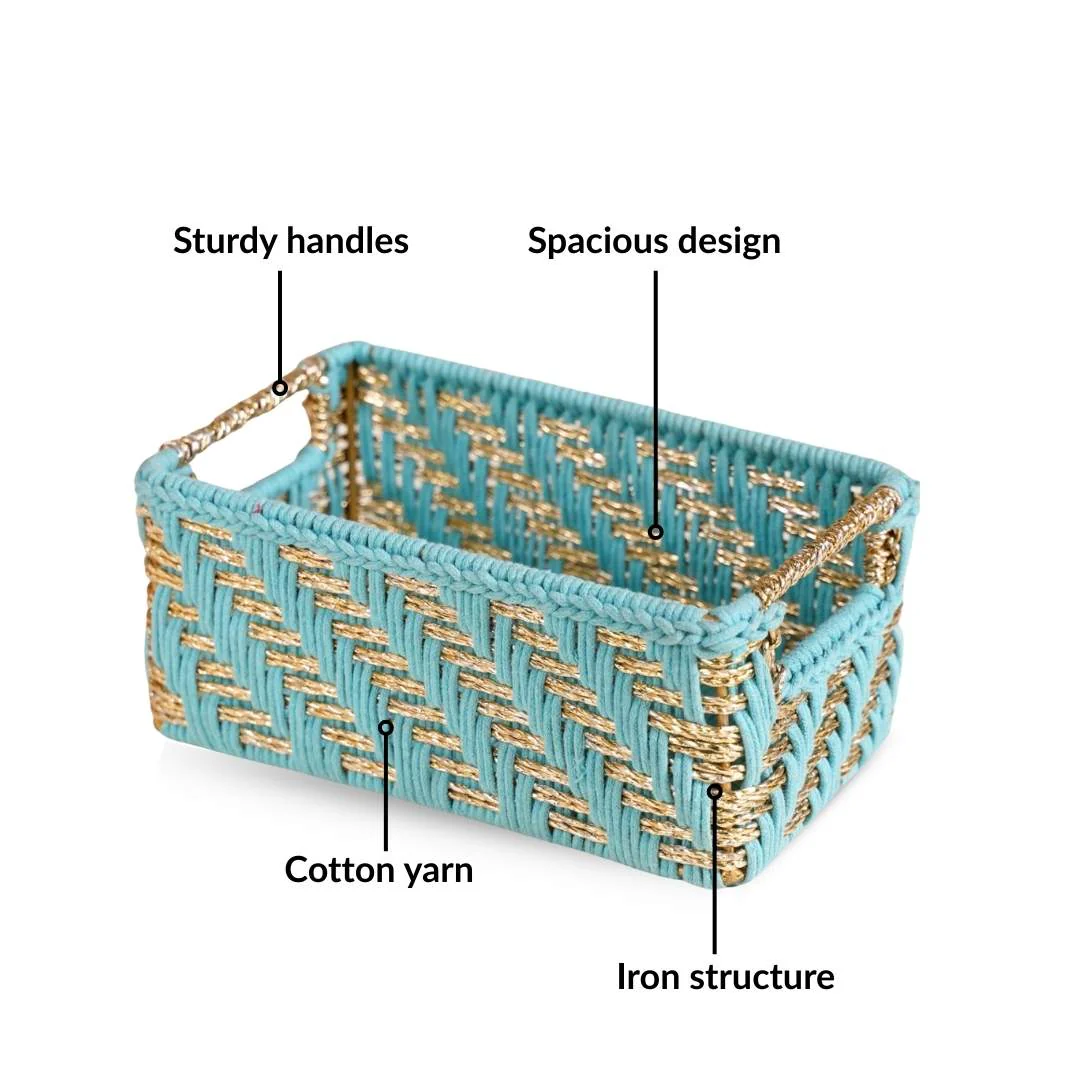 Handwoven Gift Basket With Handles Blue And Gold - Image 5