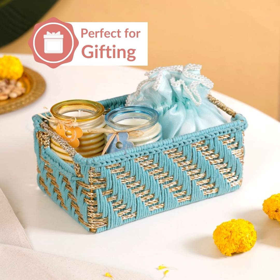Handwoven Gift Basket With Handles Blue And Gold - Image 7