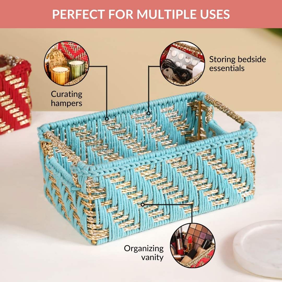 Handwoven Gift Basket With Handles Blue And Gold - Image 9