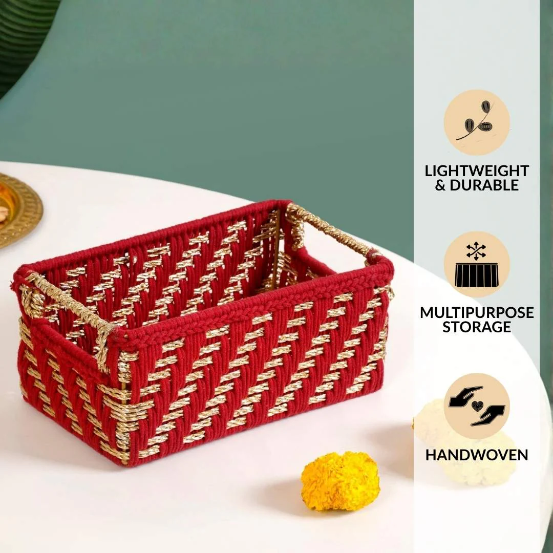 Handwoven Gift Basket With Handles Red And Gold - Image 2