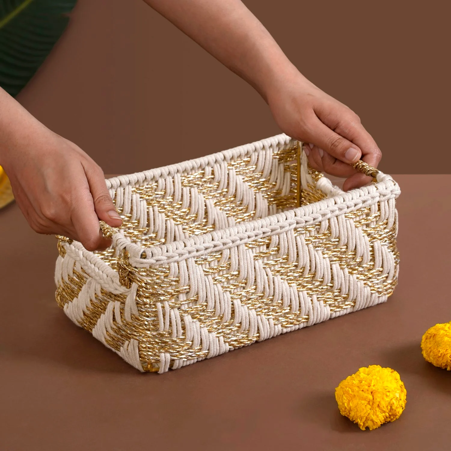 Handwoven Gift Basket With Handles White And Gold - Image 2