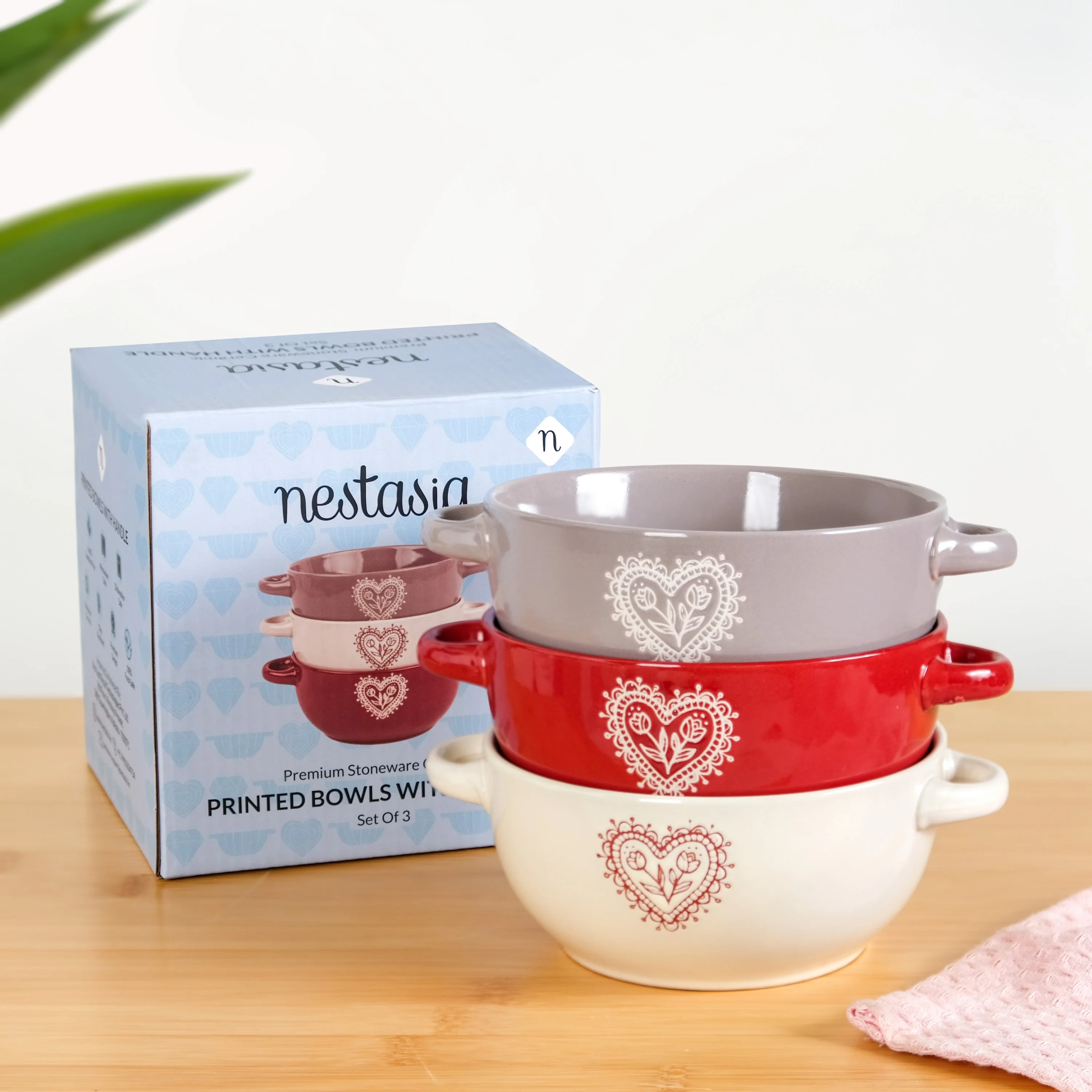 Hearty Ceramic Bowl With Handle Set Of 3 Red Grey Cream 370ml - Image 3