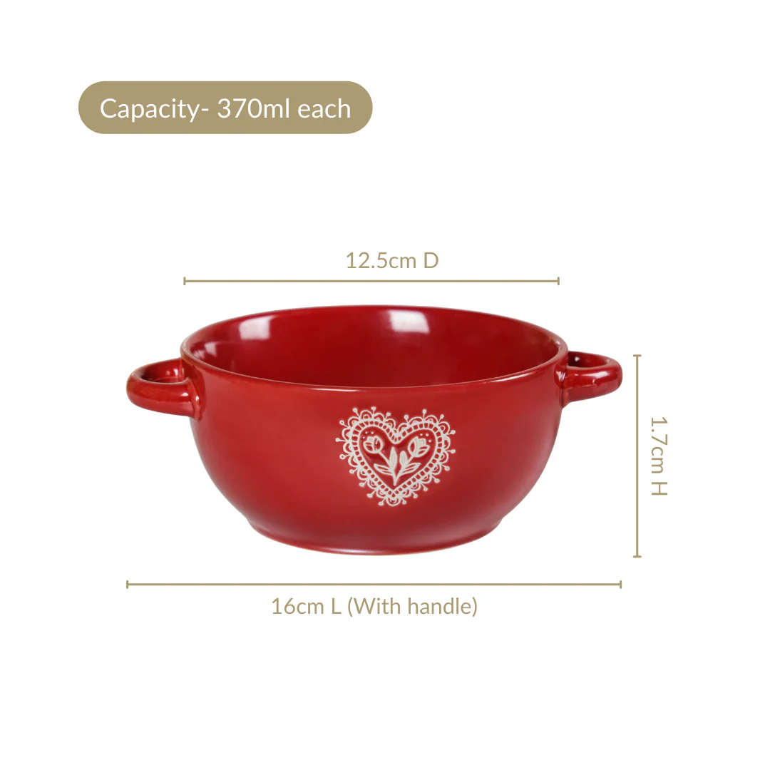 Hearty Ceramic Bowl With Handle Set Of 3 Red Grey Cream 370ml - Image 4