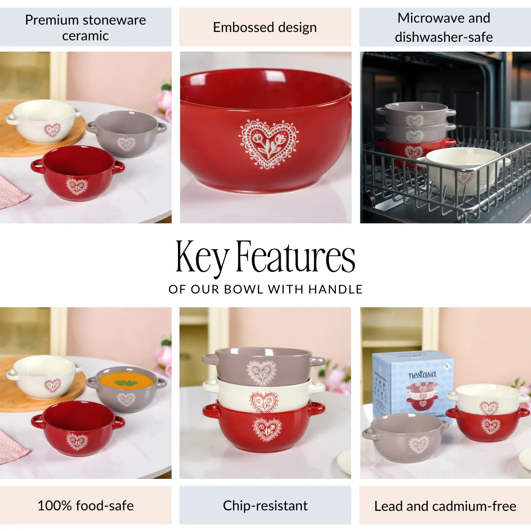 Hearty Ceramic Bowl With Handle Set Of 3 Red Grey Cream 370ml - Image 5
