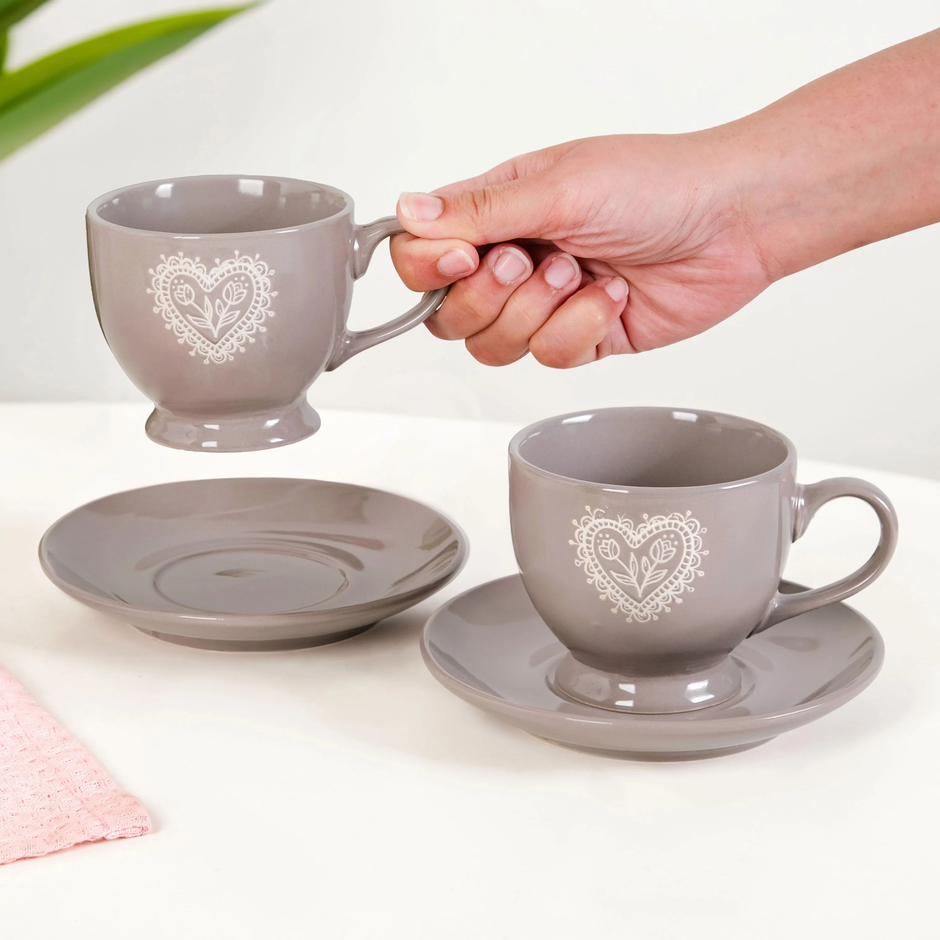 Hearty Ceramic Tea Cup And Saucer Set Of 2 Grey 200ml - Image 3