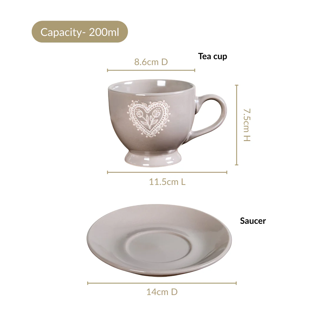 Hearty Ceramic Tea Cup And Saucer Set Of 2 Grey 200ml - Image 4
