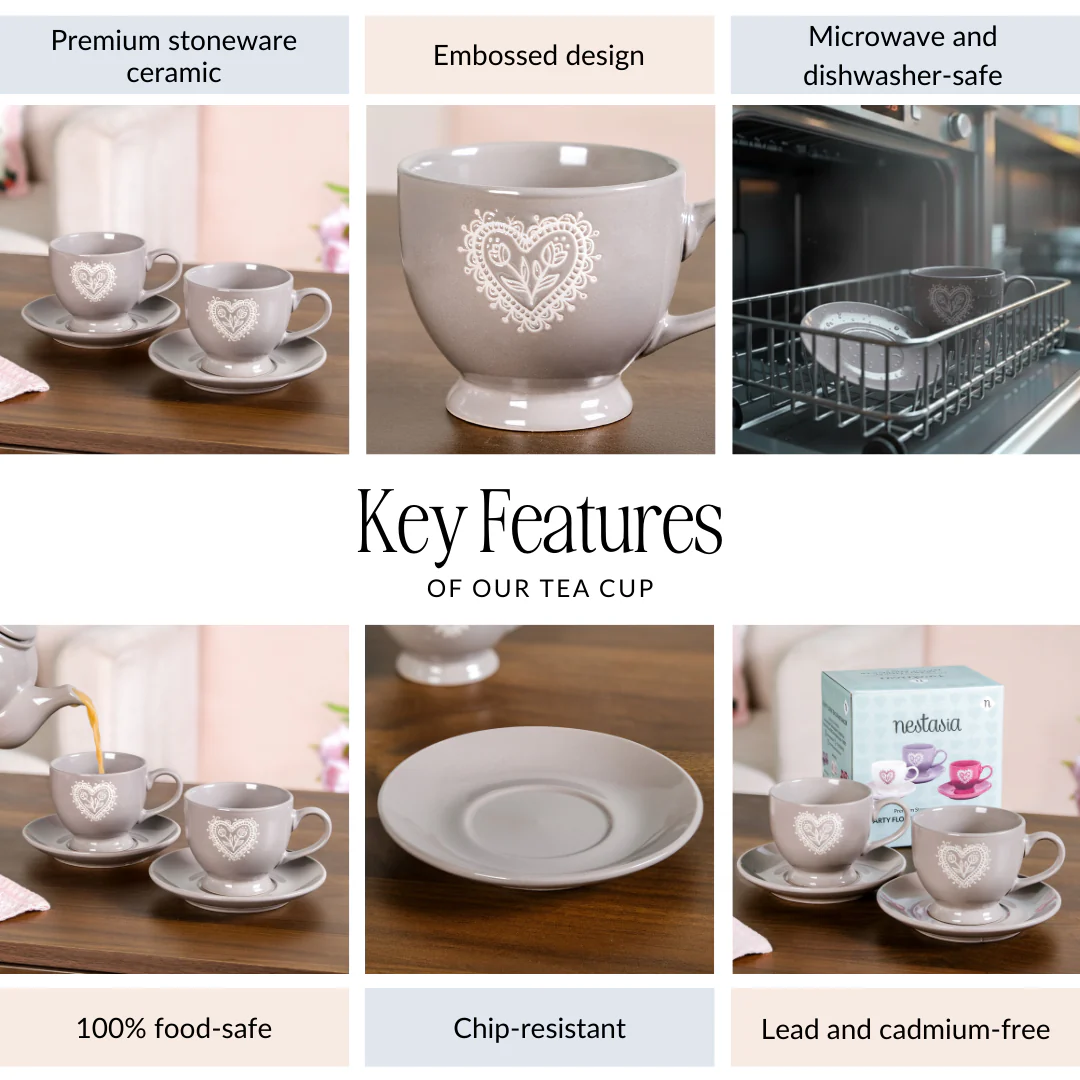Hearty Ceramic Tea Cup And Saucer Set Of 2 Grey 200ml - Image 5