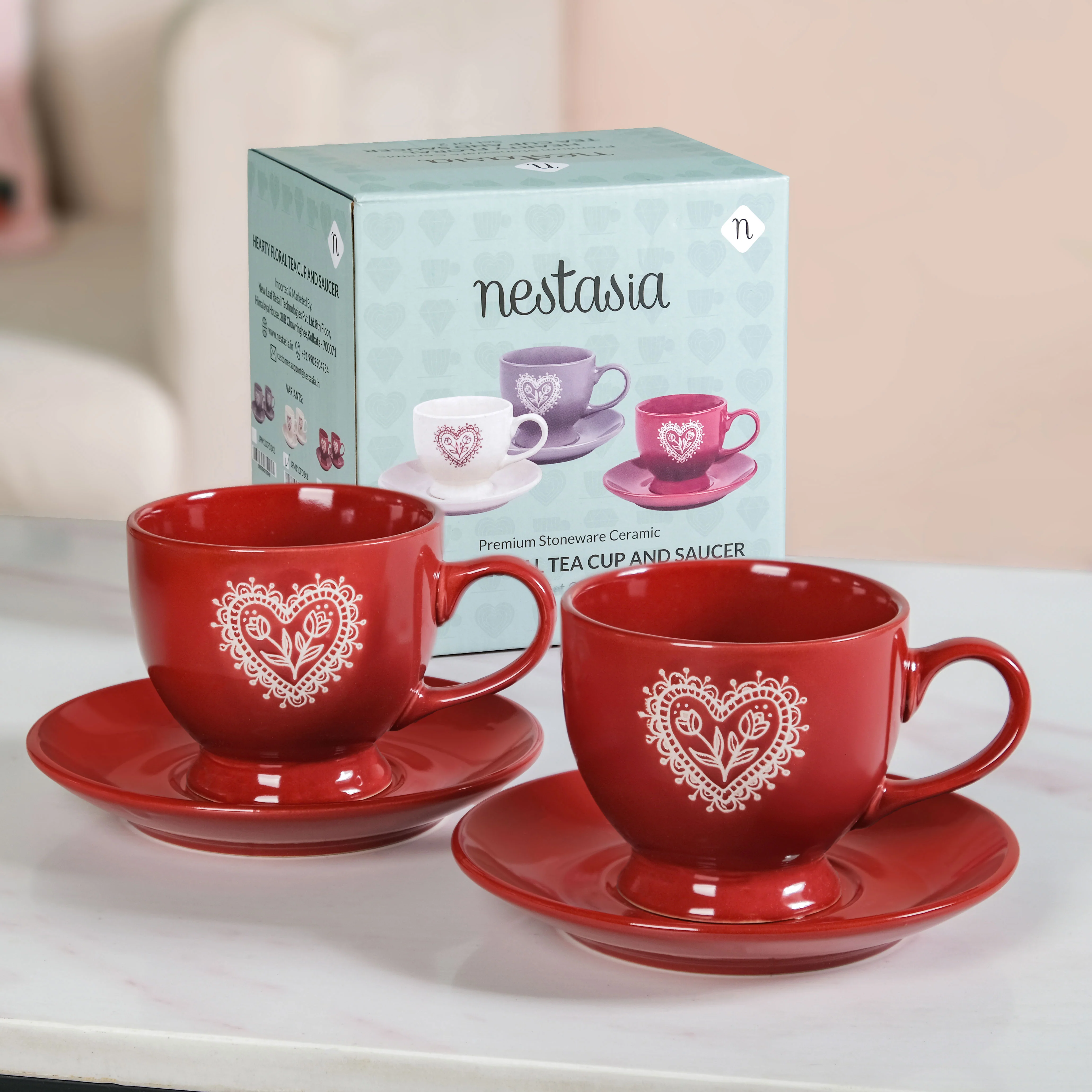 Hearty Ceramic Tea Cup And Saucer Set Of 2 Red 200ml - Image 2