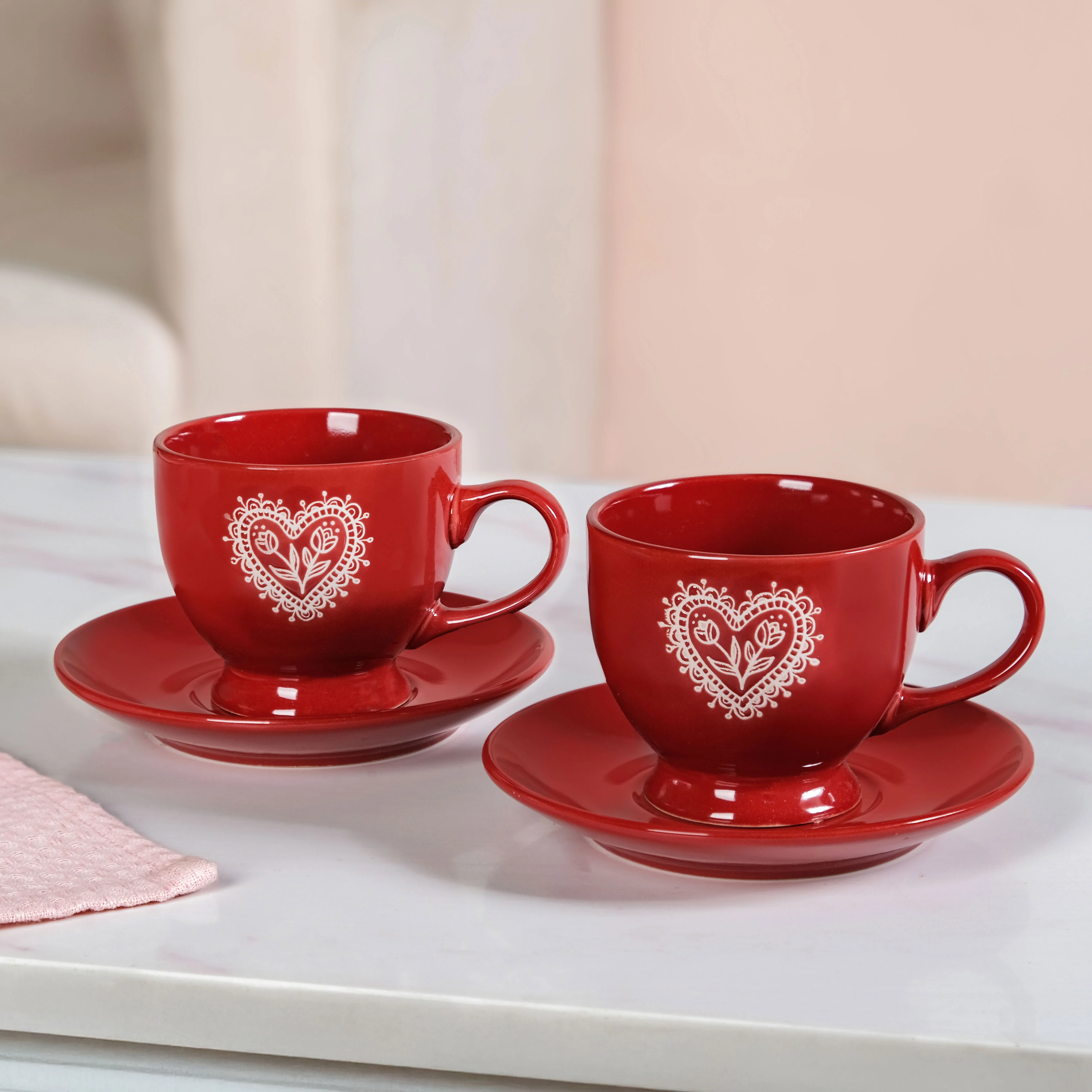 Hearty Ceramic Tea Cup And Saucer Set Of 2 Red 200ml - Image 3