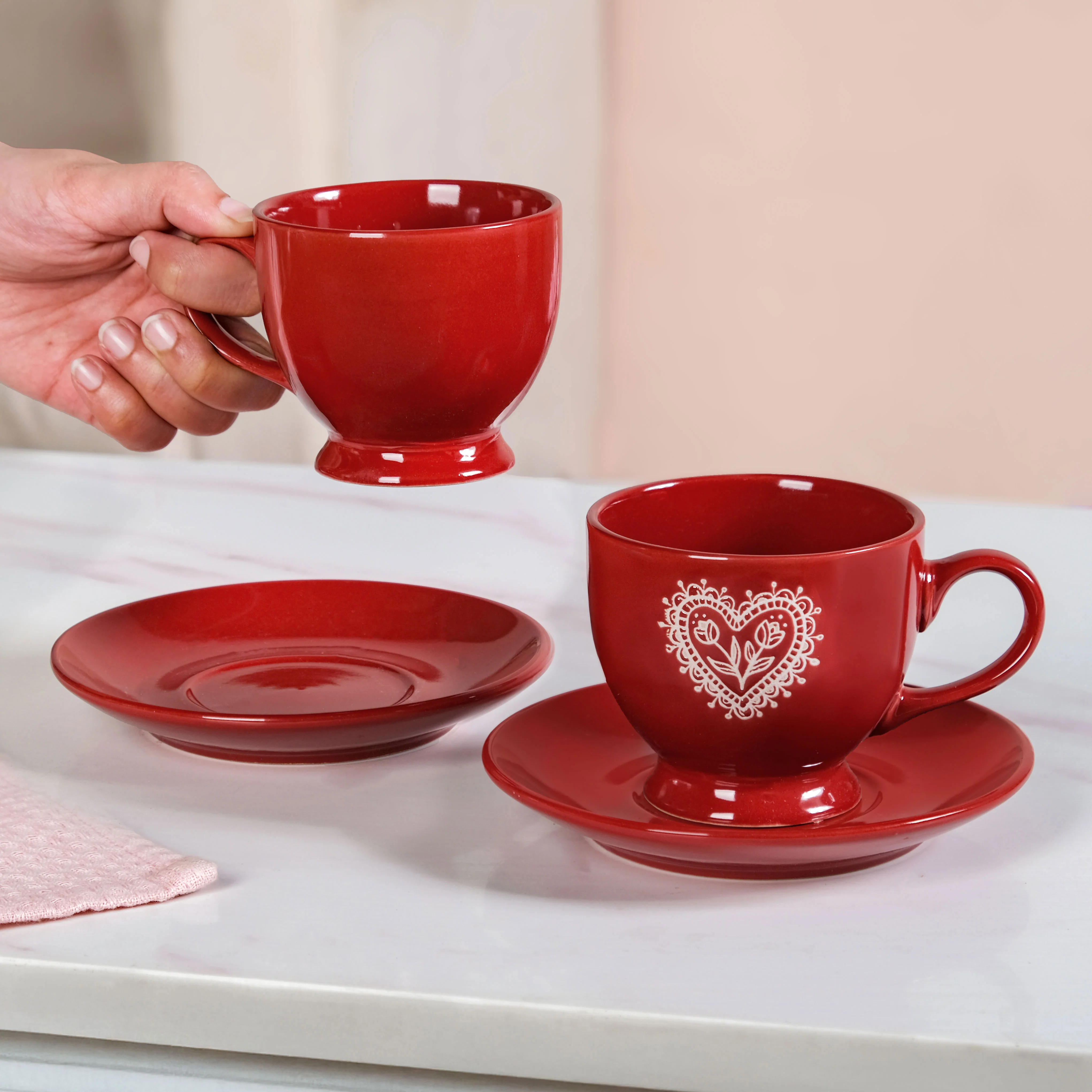 Hearty Ceramic Tea Cup And Saucer Set Of 2 Red 200ml - Image 4