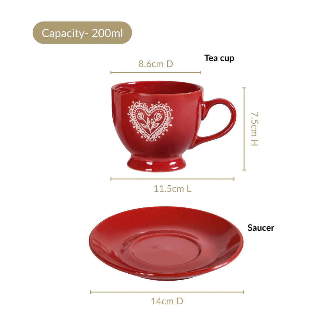 Hearty Ceramic Tea Cup And Saucer Set Of 2 Red 200ml - Image 5