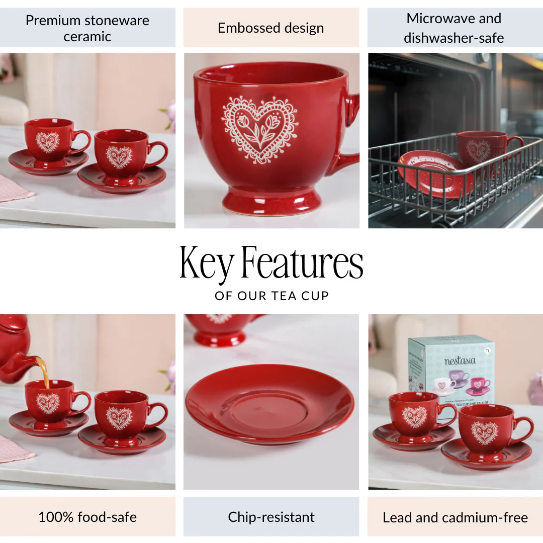 Hearty Ceramic Tea Cup And Saucer Set Of 2 Red 200ml - Image 6