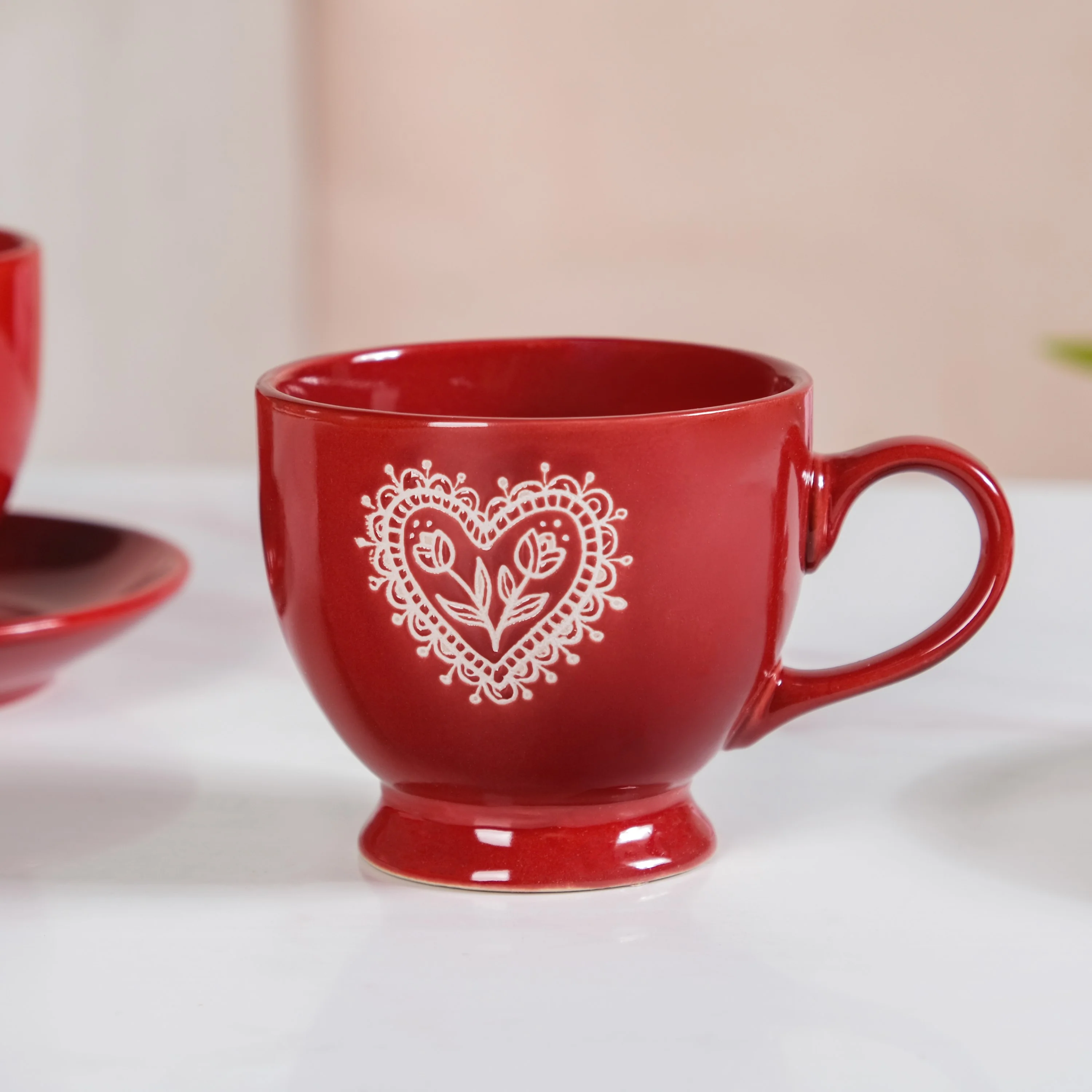 Hearty Ceramic Tea Cup And Saucer Set Of 2 Red 200ml - Image 8