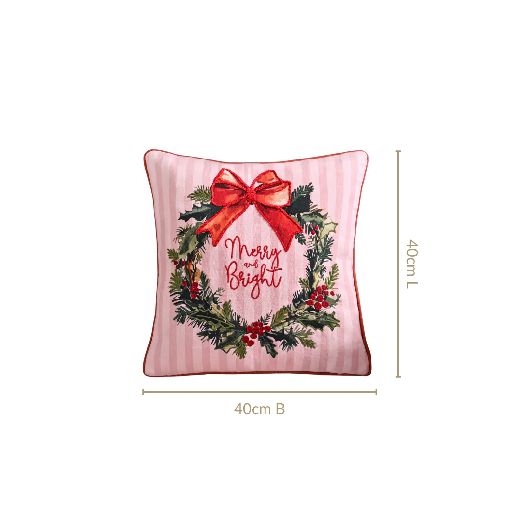 Holiday Wreath Embroidered Christmas Cushion Cover 40x40cm - Image 3