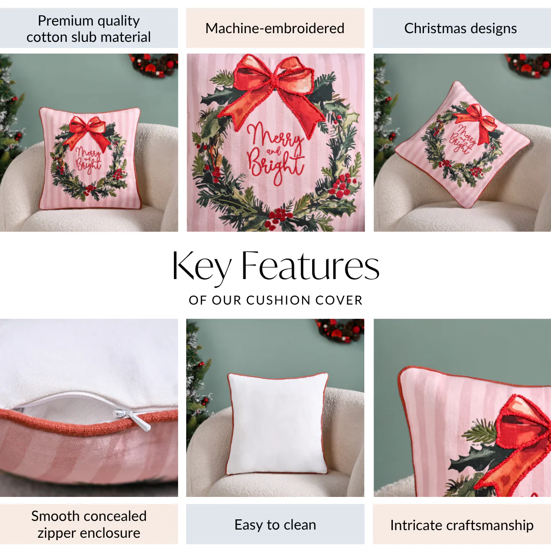 Holiday Wreath Embroidered Christmas Cushion Cover 40x40cm - Image 4