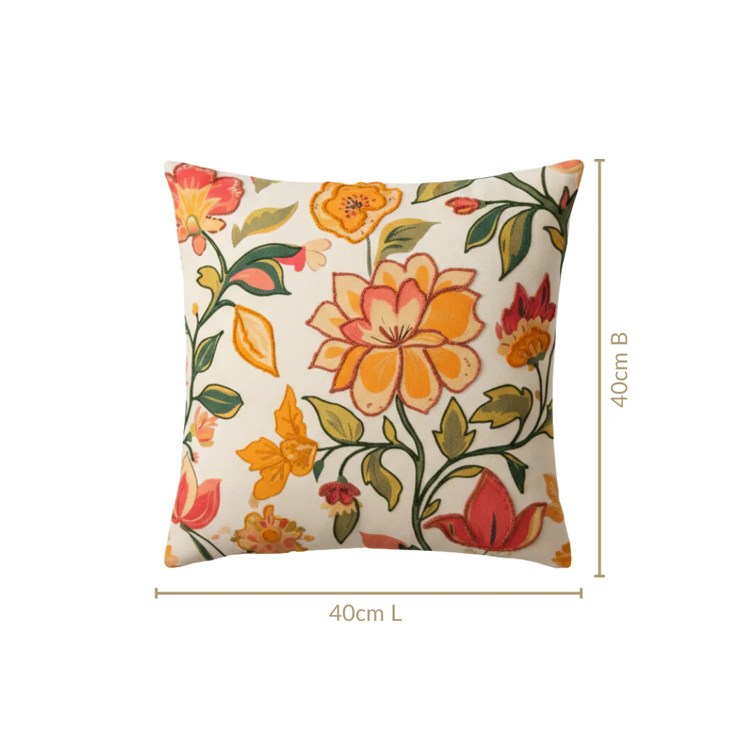 Indie Floral Embroidered Cotton Cushion Cover 40x40cm - Image 3