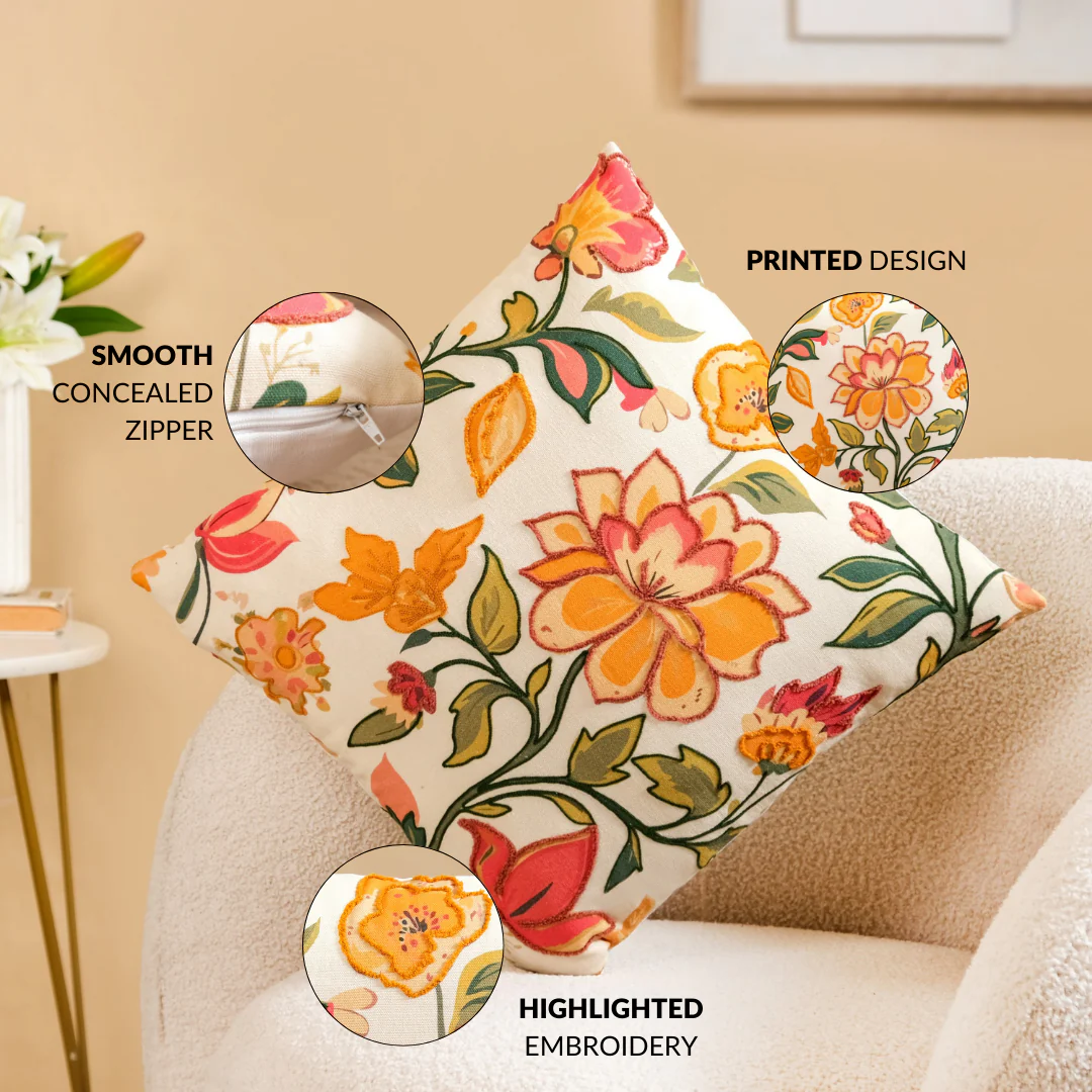 Indie Floral Embroidered Cotton Cushion Cover 40x40cm - Image 4