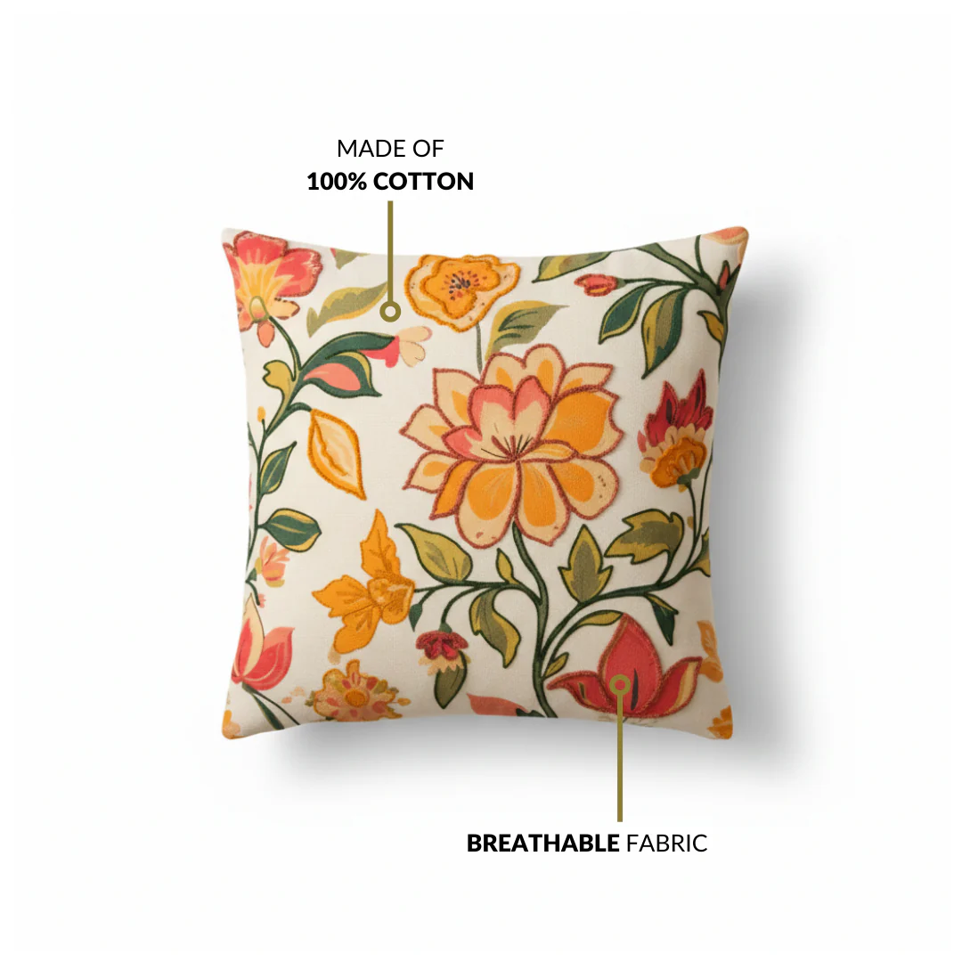 Indie Floral Embroidered Cotton Cushion Cover 40x40cm - Image 5