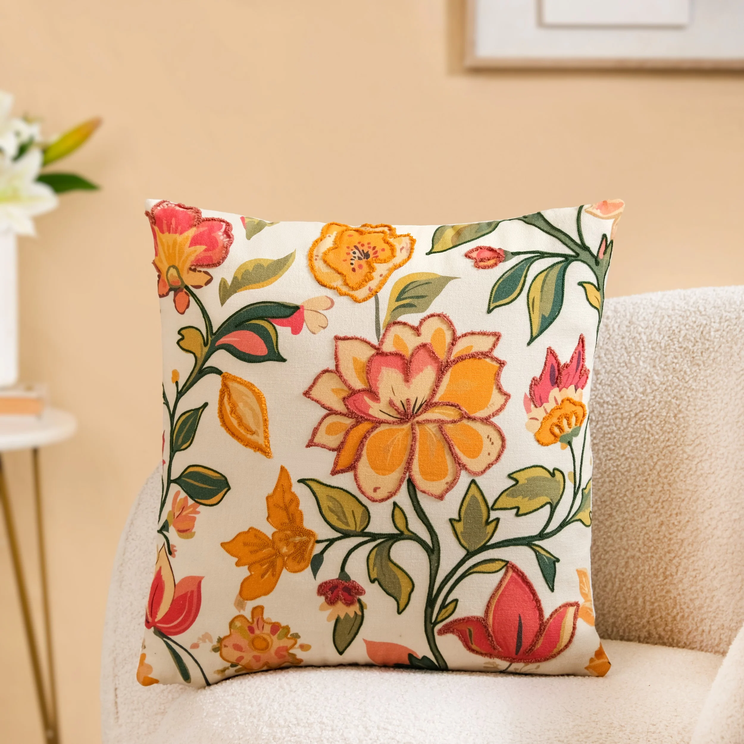 Indie Floral Embroidered Cotton Cushion Cover 40x40cm - Image 6