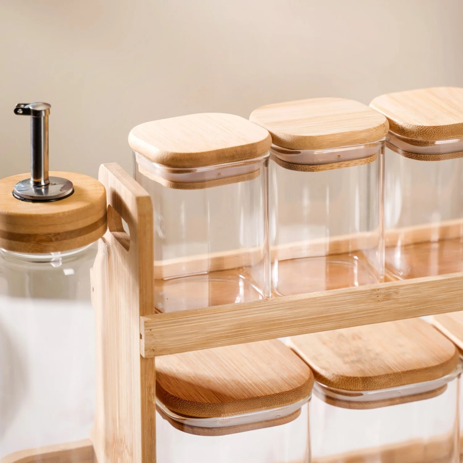 Kitchen Storage Rack With Set of 7 Spice Jars And Oil Dispensers - Image 10