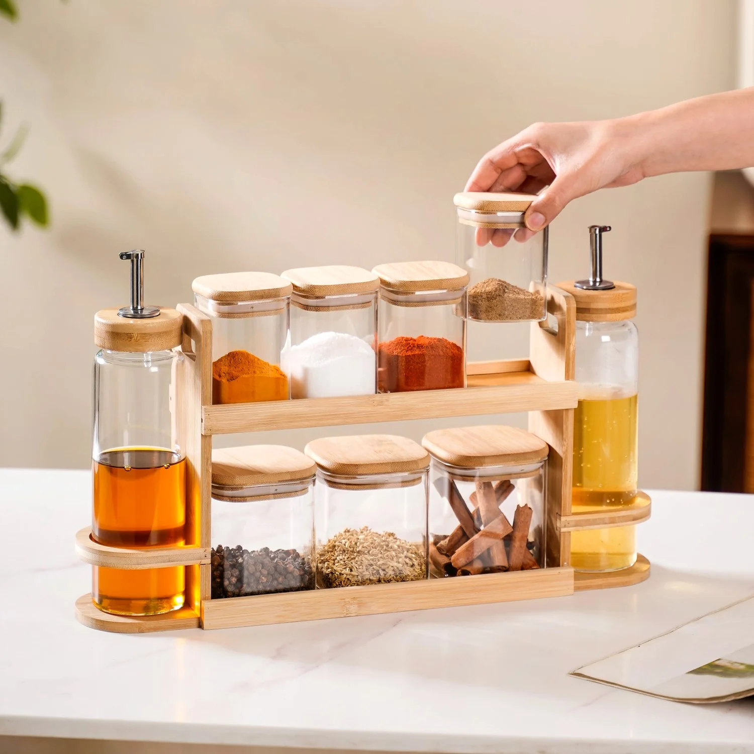 Kitchen Storage Rack With Set of 7 Spice Jars And Oil Dispensers - Image 3