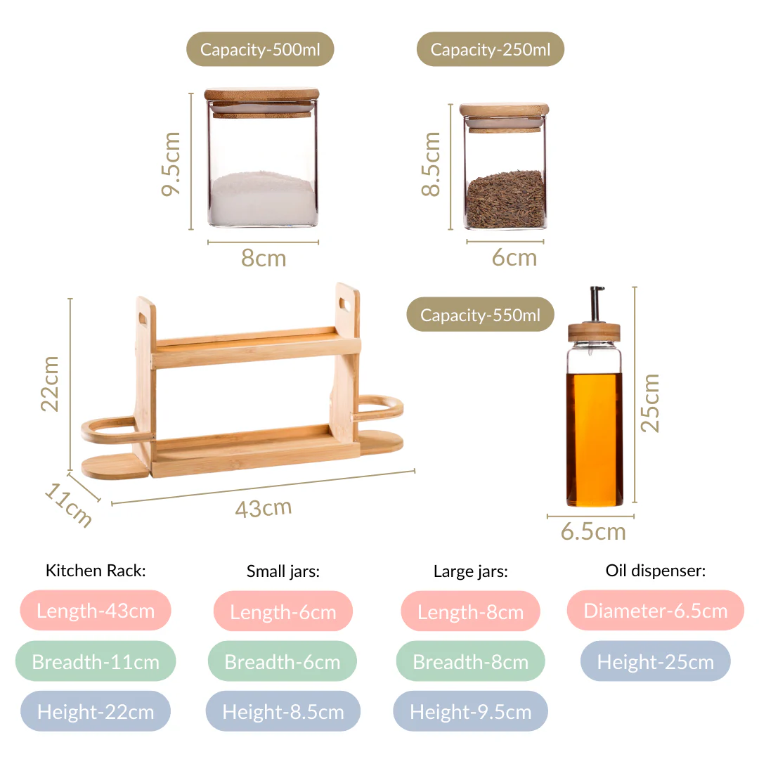 Kitchen Storage Rack With Set of 7 Spice Jars And Oil Dispensers - Image 4