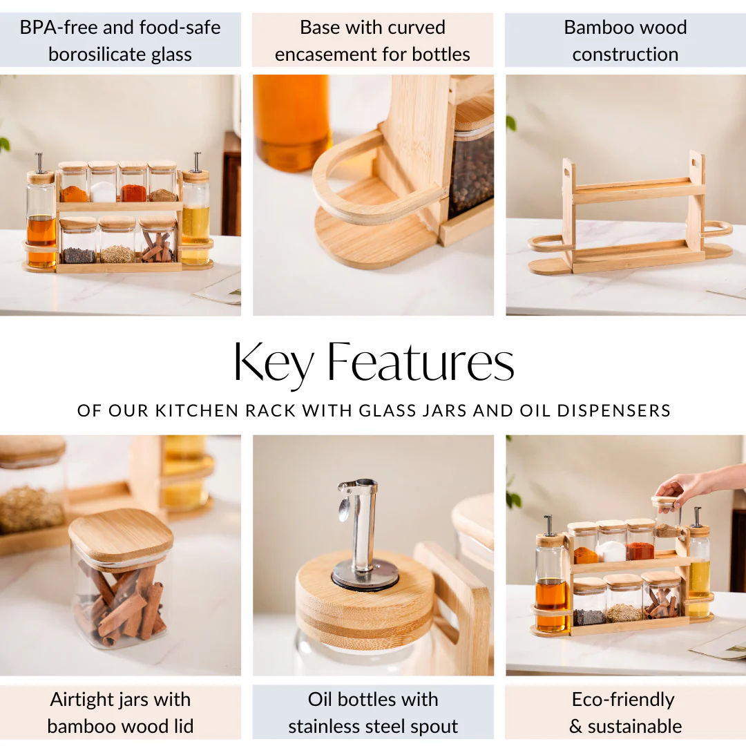 Kitchen Storage Rack With Set of 7 Spice Jars And Oil Dispensers - Image 5