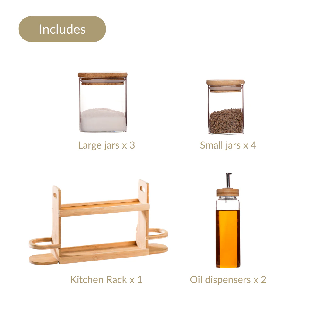 Kitchen Storage Rack With Set of 7 Spice Jars And Oil Dispensers - Image 6