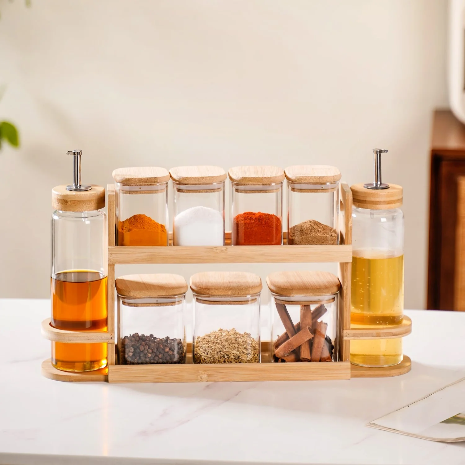 Kitchen Storage Rack With Set of 7 Spice Jars And Oil Dispensers - Image 7
