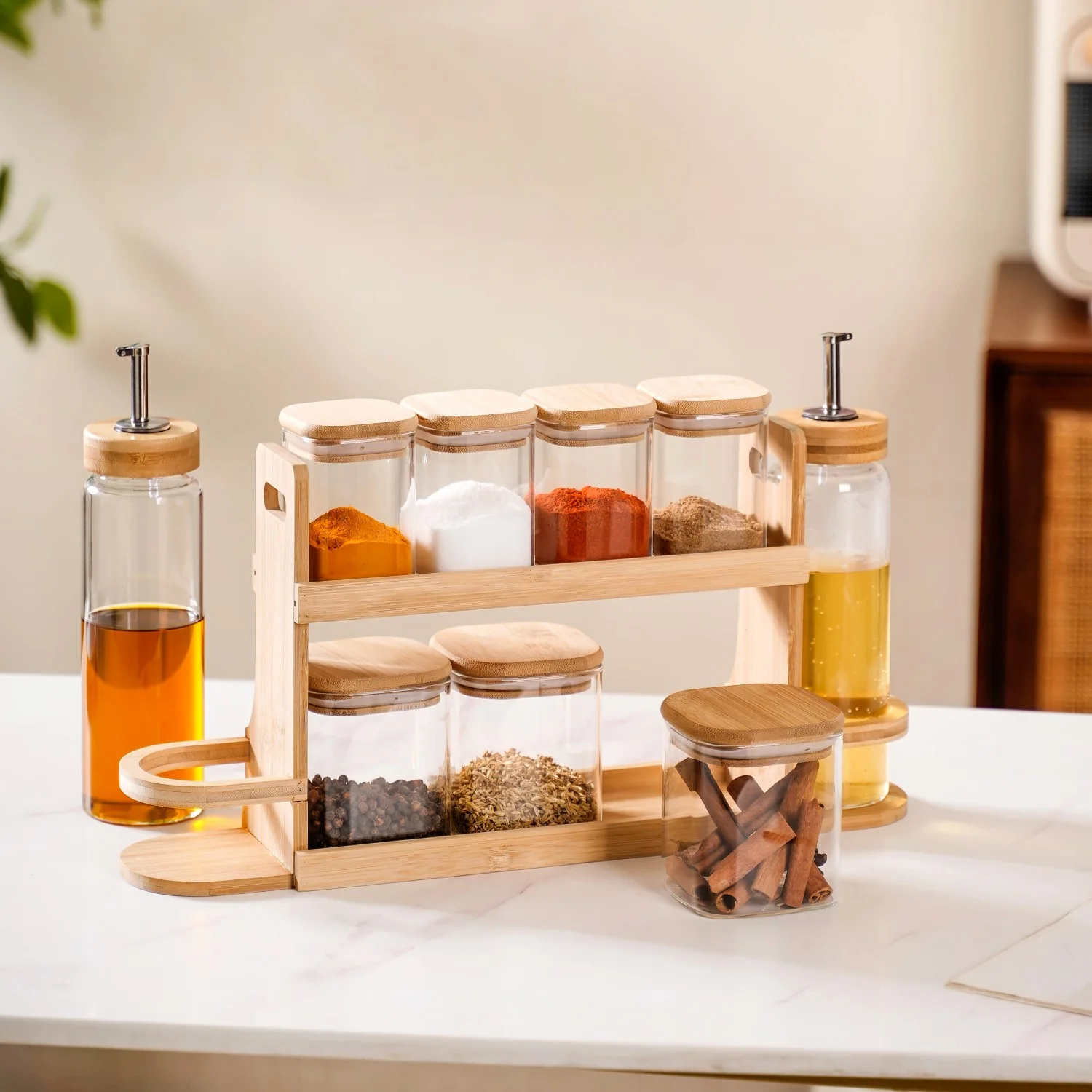 Kitchen Storage Rack With Set of 7 Spice Jars And Oil Dispensers - Image 8