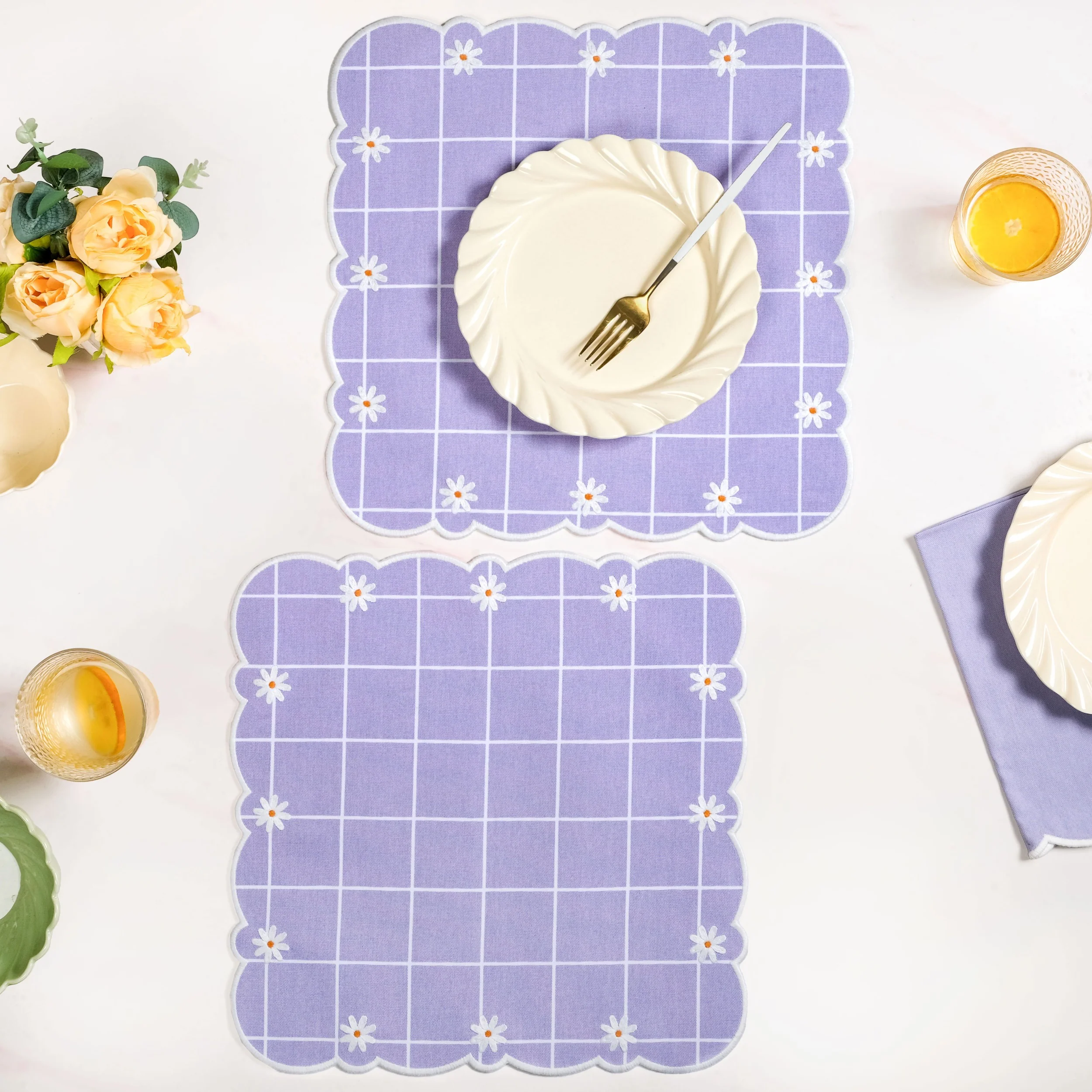 Lavender Lattice Scallop Embroidered Cotton Table Mat Set Of 6 - Image 8