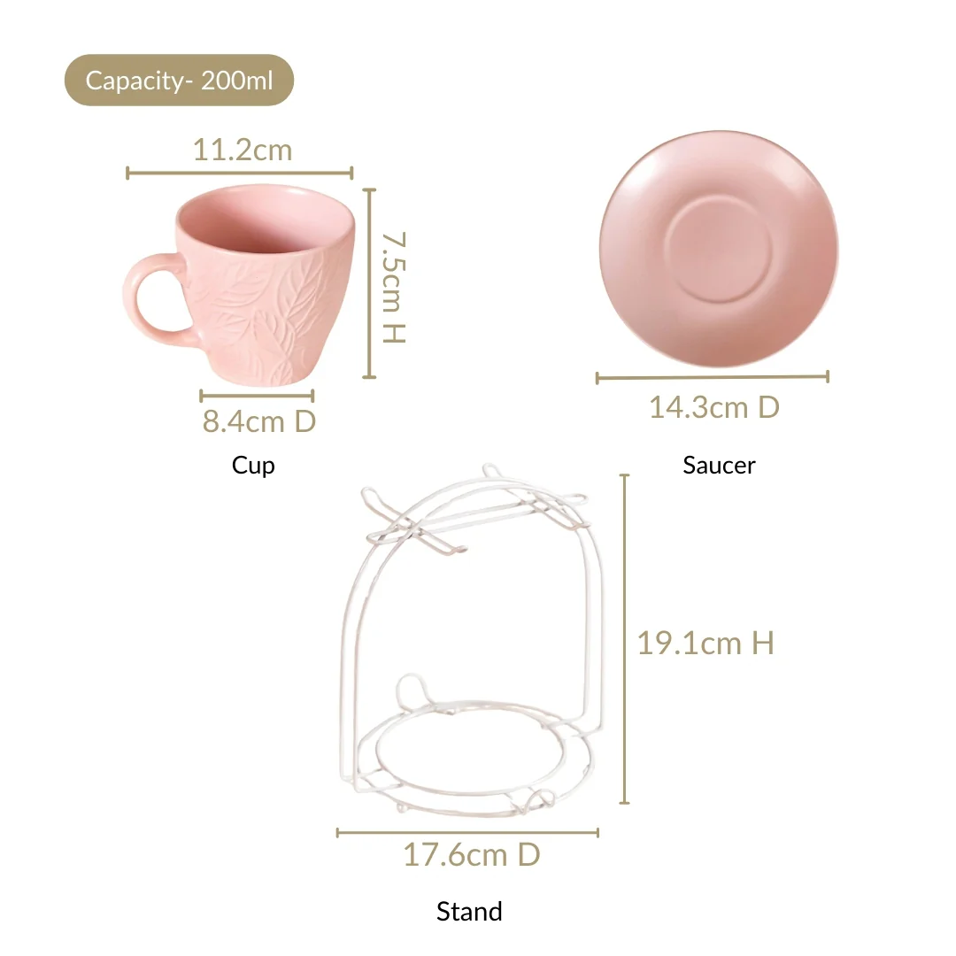 Leaf Embossed Cup And Saucer Set Of 4 With Stand 200ml - Image 5