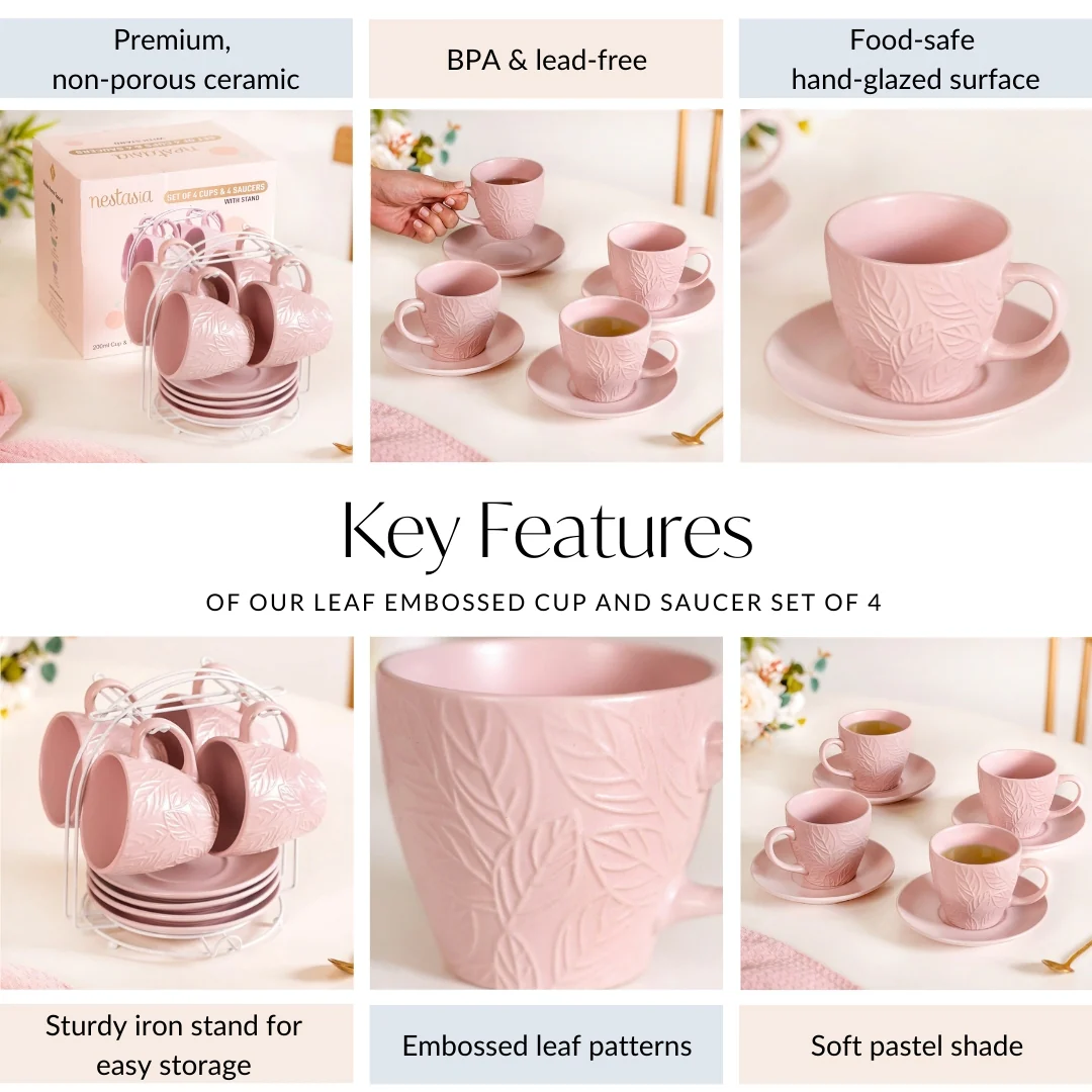 Leaf Embossed Cup And Saucer Set Of 4 With Stand 200ml - Image 6