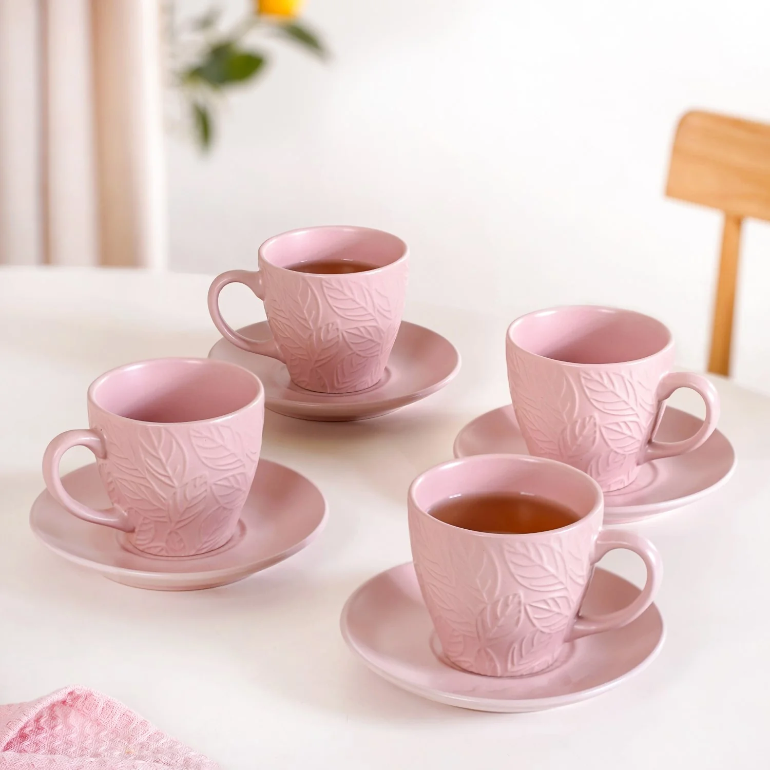 Leaf Embossed Cup And Saucer Set Of 4 With Stand 200ml - Image 9