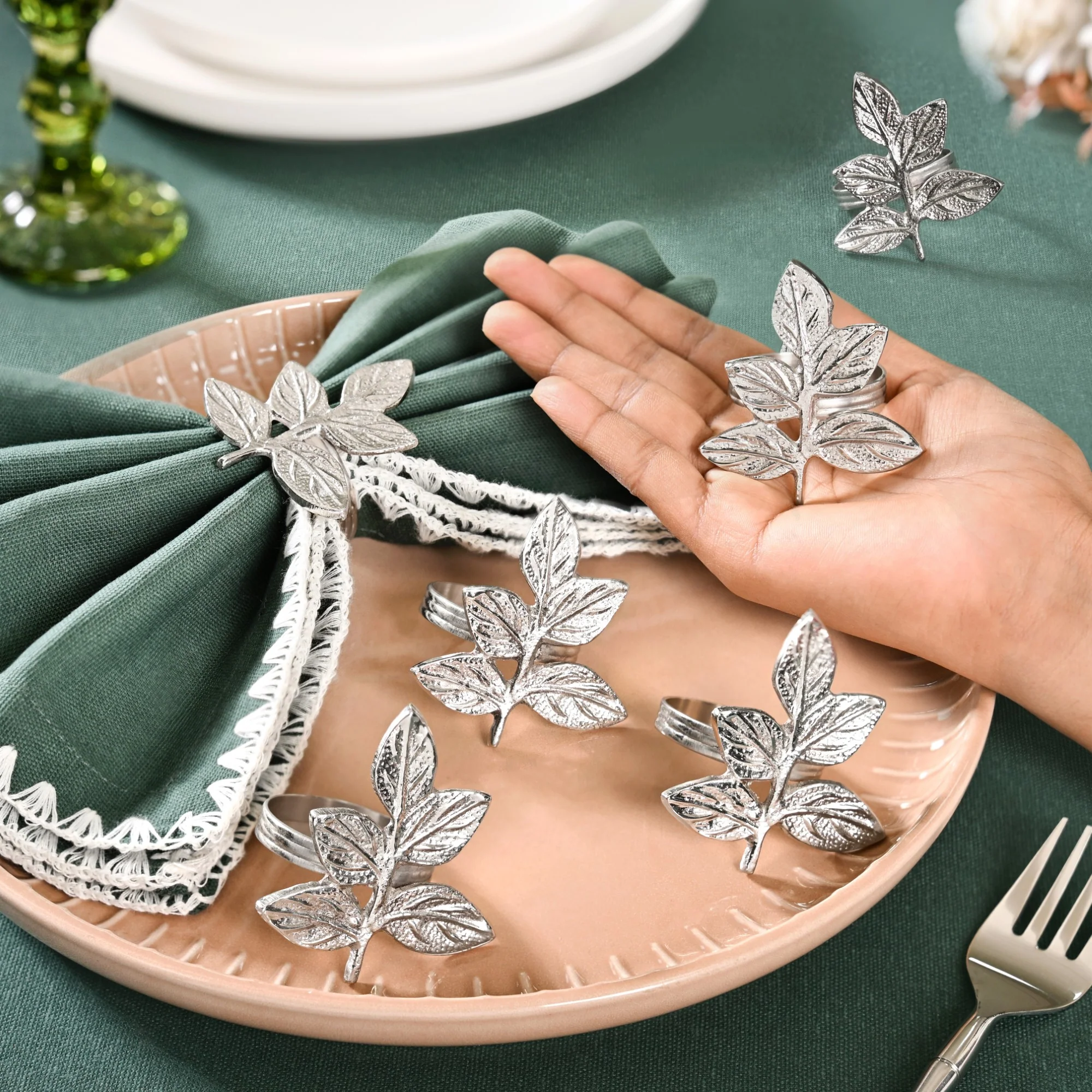 Leaf Pure Brass Napkin Ring Set Of 6 Silver - Image 2