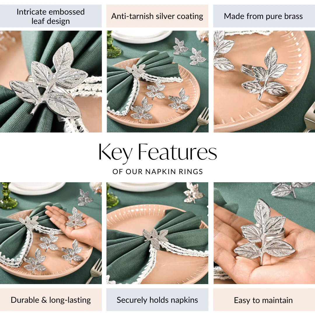 Leaf Pure Brass Napkin Ring Set Of 6 Silver - Image 4