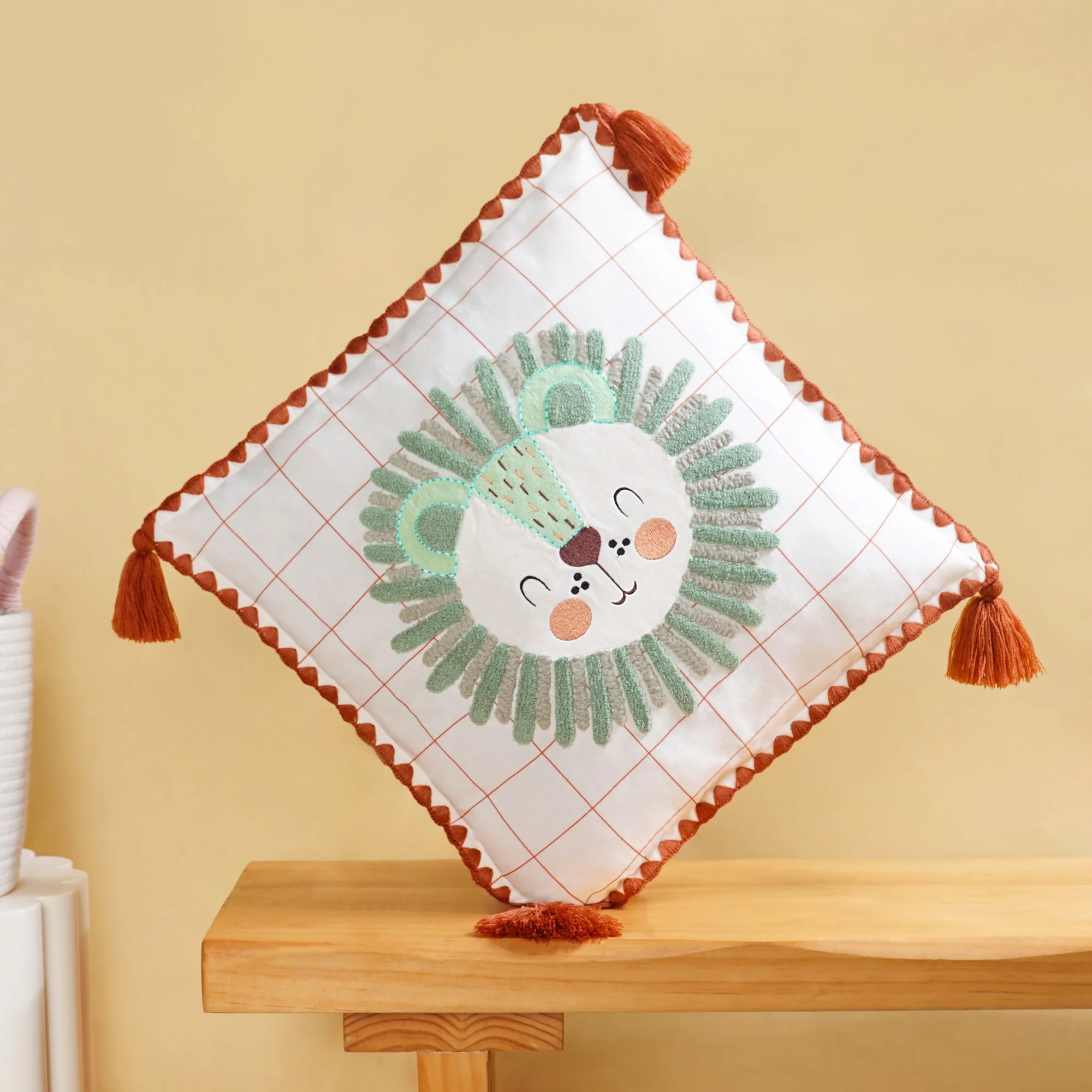 Lion Embroidered Cotton Kids Cushion Cover 42x42cm - Image 2