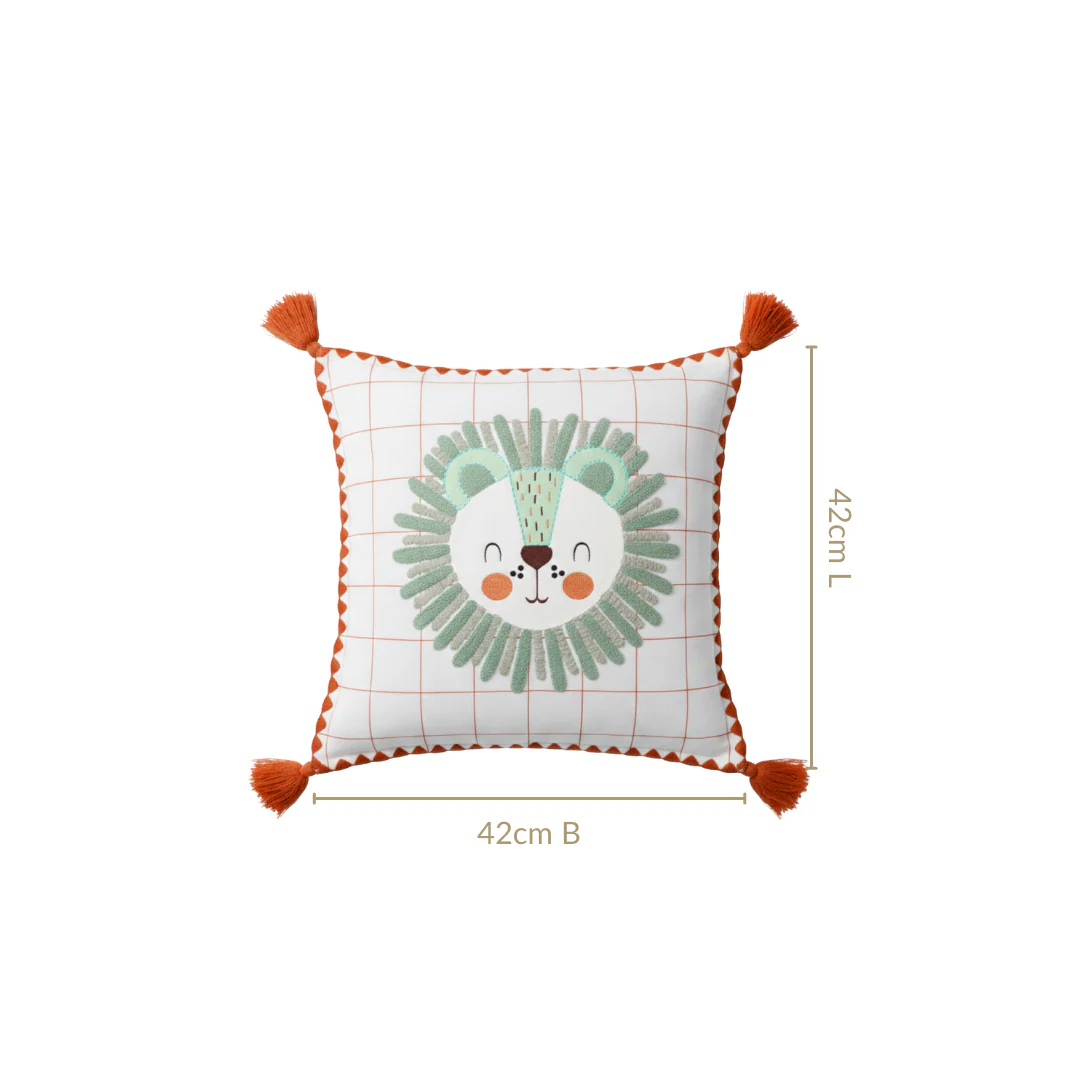 Lion Embroidered Cotton Kids Cushion Cover 42x42cm - Image 3