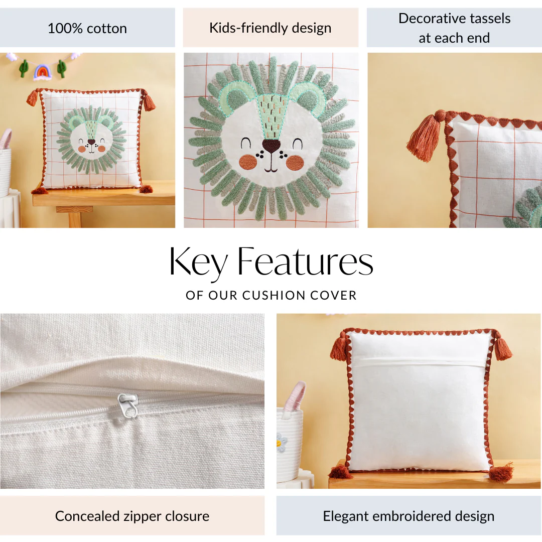 Lion Embroidered Cotton Kids Cushion Cover 42x42cm - Image 4