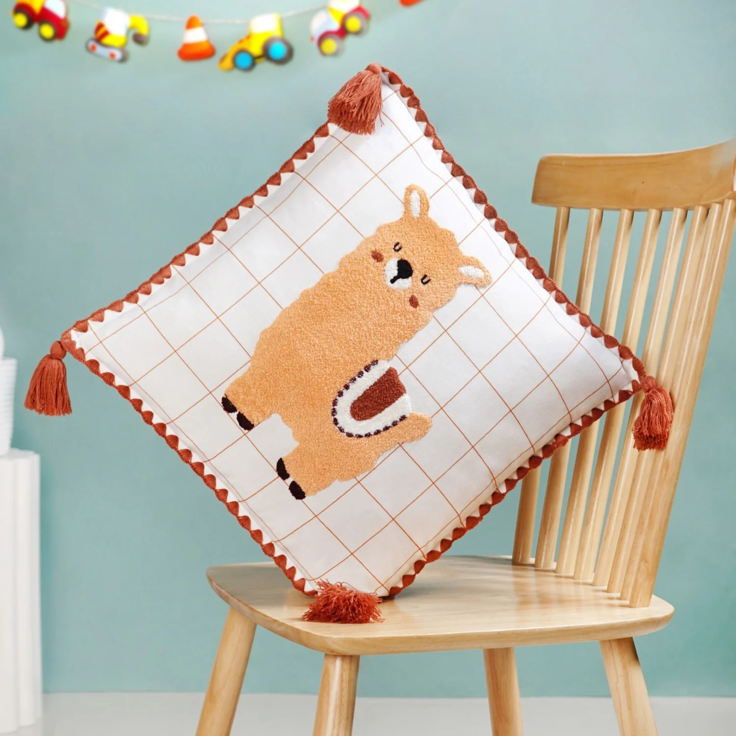 Llama Embroidered Cotton Cushion Cover With Tassels 42x42cm - Image 2
