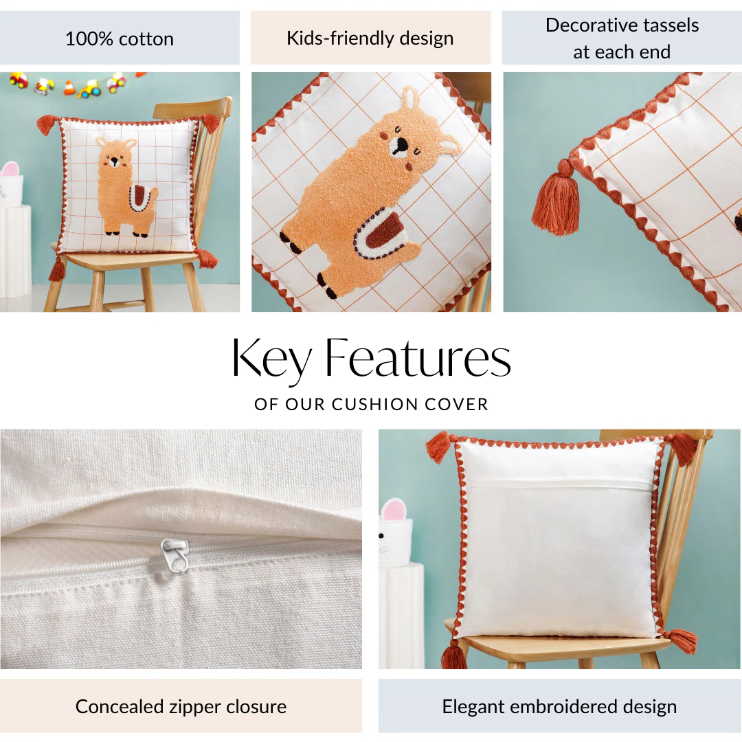 Llama Embroidered Cotton Cushion Cover With Tassels 42x42cm - Image 4