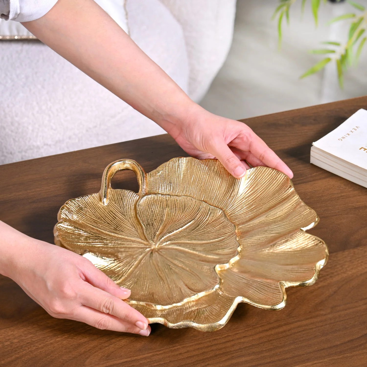 Lotus Leaf Metal Tray In Gold - Image 3