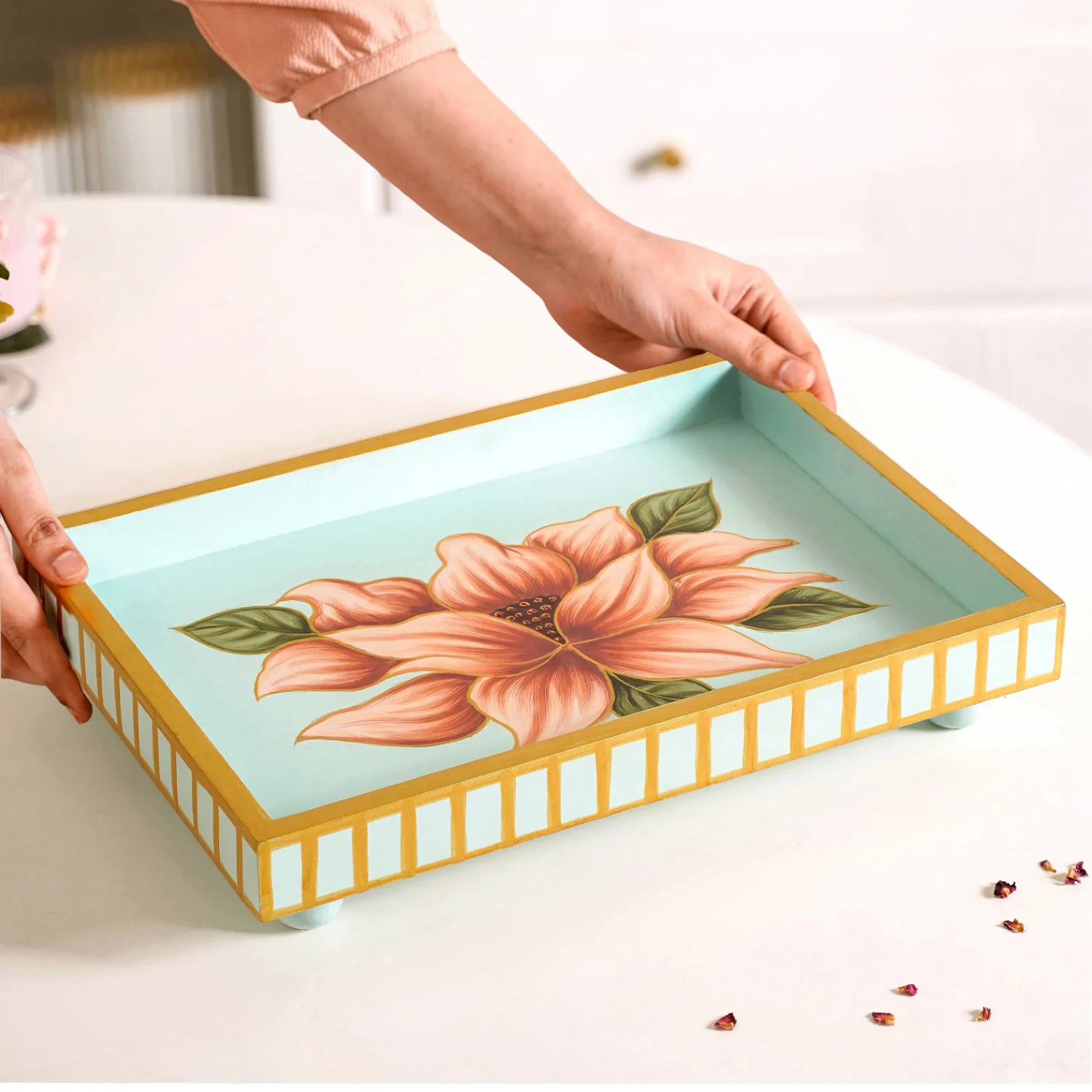 Lotus Royale Hand Painted Rectangular Mango Wood Tray - Image 2
