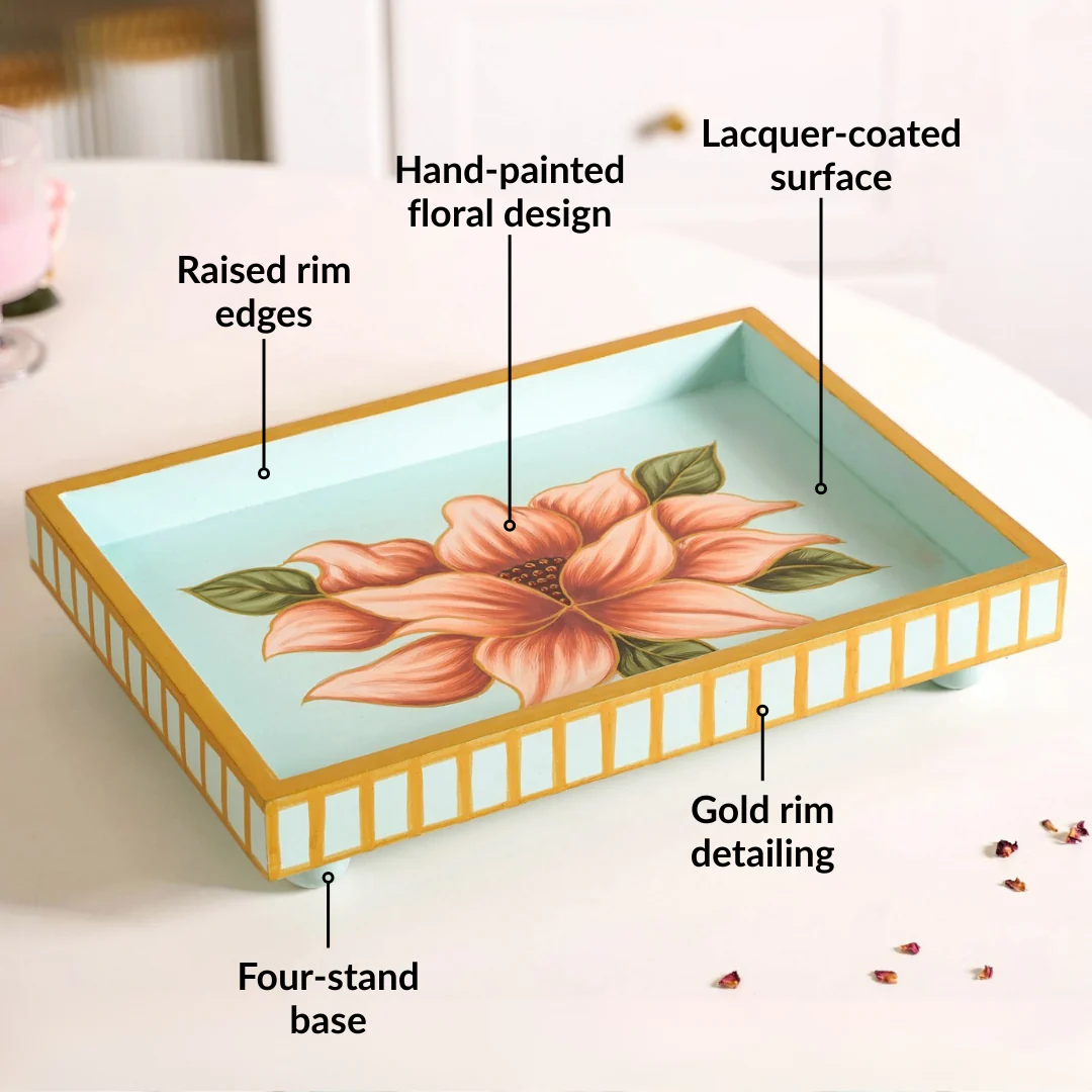 Lotus Royale Hand Painted Rectangular Mango Wood Tray - Image 3