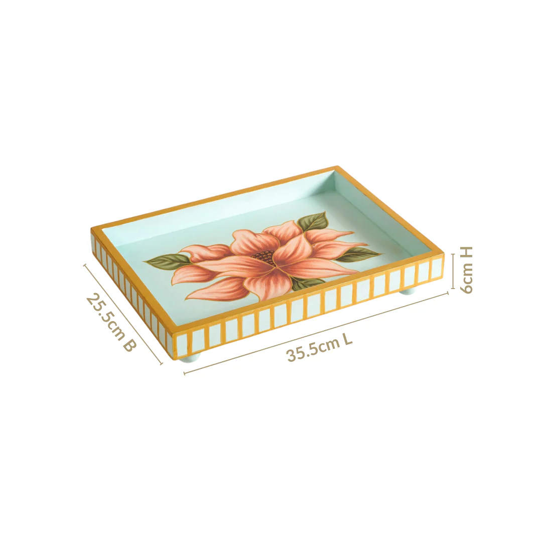 Lotus Royale Hand Painted Rectangular Mango Wood Tray - Image 4