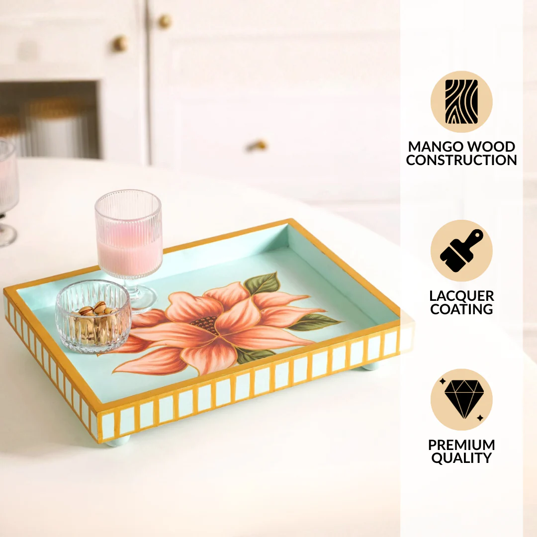 Lotus Royale Hand Painted Rectangular Mango Wood Tray - Image 5