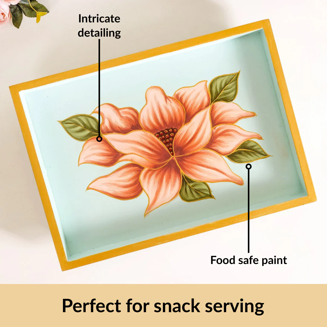 Lotus Royale Hand Painted Rectangular Mango Wood Tray - Image 6